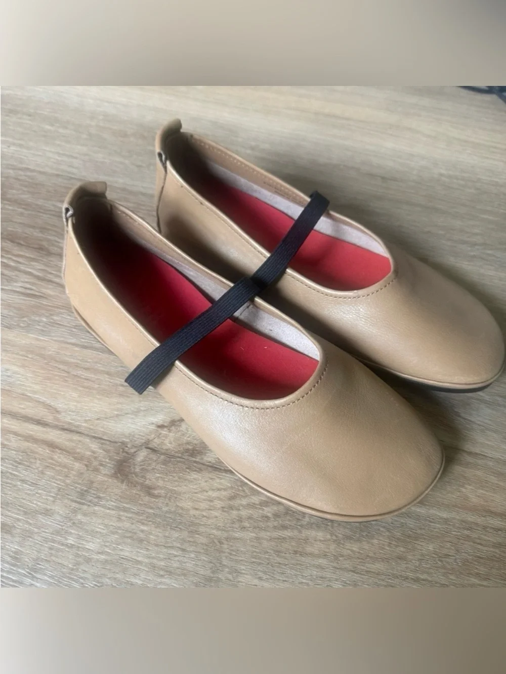 Camper Tan Leather Mary Jane Flats with Black Strap and Red Insole